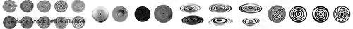 A set of black and white radial circles. A sonar or sound wave ring collection. An icon concept of an epicentre, target, and radar. A concept of ripples or vibrations, with linear and halftone
