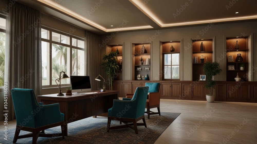 Fototapeta premium A modern office with a wooden desk, two blue chairs, and a large window.