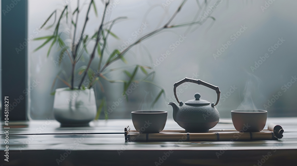 Minimalist Tea Set with Steaming Teapot and Cups on Bamboo Tray Minimalist Tea Set with Steaming Teapot and Cups on Bamboo Tray