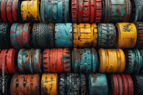 Rustic Industrial Array of Stacked Metal Drums and Tires