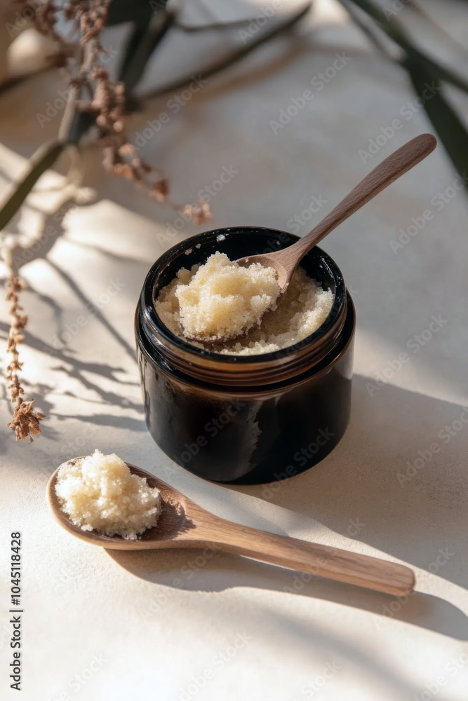 Exfoliating scrub in a jar with a wooden spoon surrounded by natural elements Exfoliating scrub in a jar with a wooden spoon surrounded by natural elements