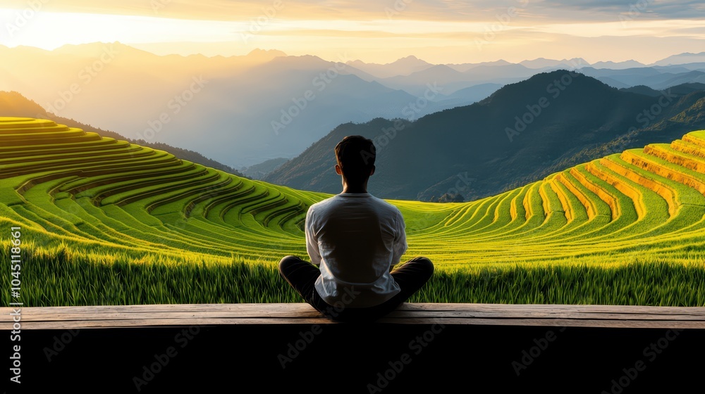 A person meditating at sunrise, overlooking lush green terraces in a tranquil landscape. A person meditating at sunrise, overlooking lush green terraces in a tranquil landscape.