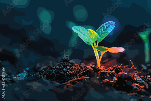 Young plant in soil on dark background, Earth Day concept, Tree planting