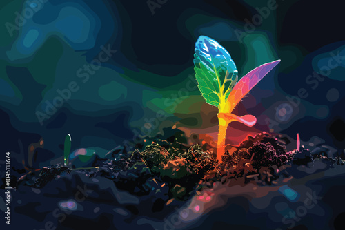 Young plant in soil on dark background, Earth Day concept, Tree planting