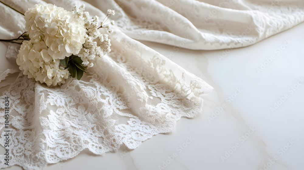 White Lace Fabric with Floral Bouquet - Wedding Inspiration White Lace Fabric with Floral Bouquet - Wedding Inspiration