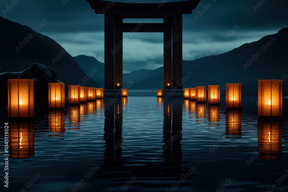 A serene scene of illuminated lanterns along a calm waterscape beneath a torii gate at dusk. A serene scene of illuminated lanterns along a calm waterscape beneath a torii gate at dusk.