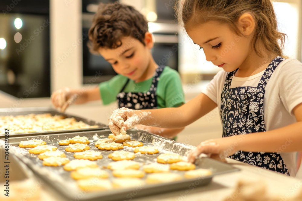 Fototapeta premium Children baking cookies in the kitchen â€“ fun culinary activity for kids and family bonding