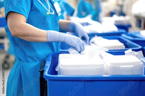 Healthcare worker organizing medical supplies in hospital setting