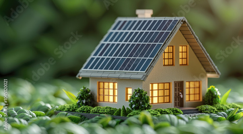 A solar panel symbol integrated into a house icon, model house, symbolizing sustainable living and green homes.