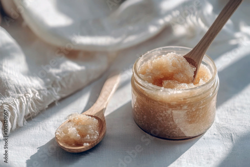 Exfoliating scrub in an open jar alongside a wooden spoon on a textured surface