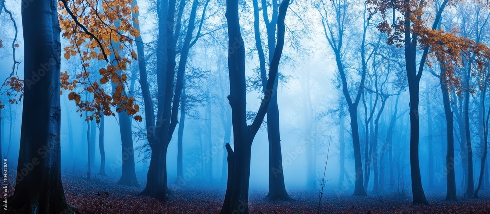 Misty forest with tall trees and blue light, creating an ethereal and mystical atmosphere. Misty forest with tall trees and blue light, creating an ethereal and mystical atmosphere.