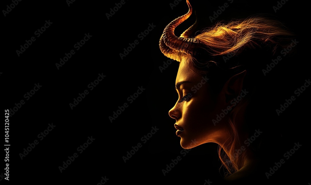 Golden horned woman in profile. Golden horned woman in profile.