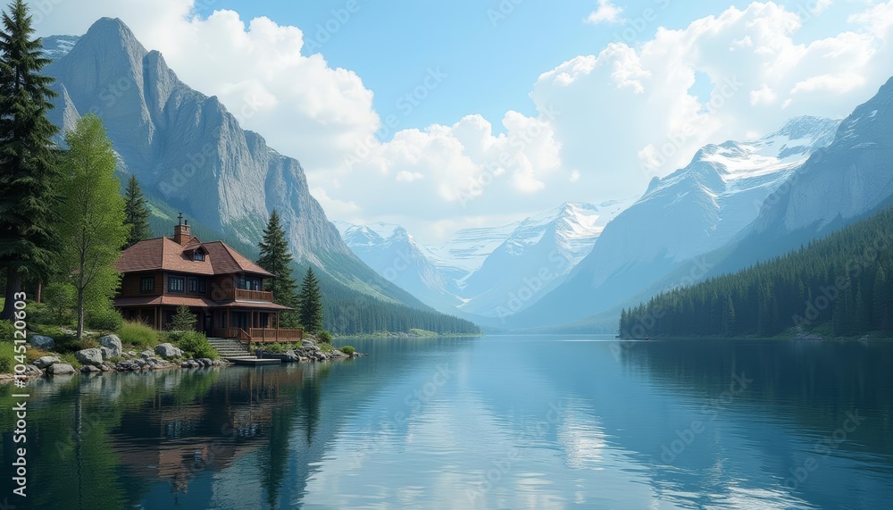 Fototapeta premium Tranquil lakeside retreat amidst natures grandeur