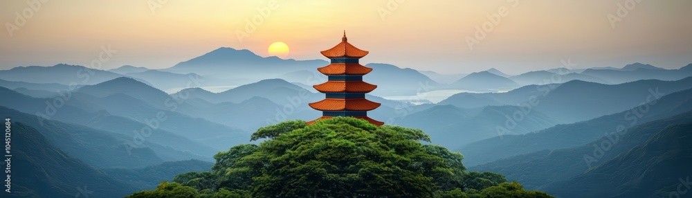 custom made wallpaper toronto digitalBeautiful pagoda surrounded by lush mountains during sunset, serene landscape, peaceful atmosphere.