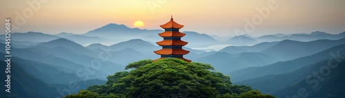 Wallpaper Mural Beautiful pagoda surrounded by lush mountains during sunset, serene landscape, peaceful atmosphere. Torontodigital.ca