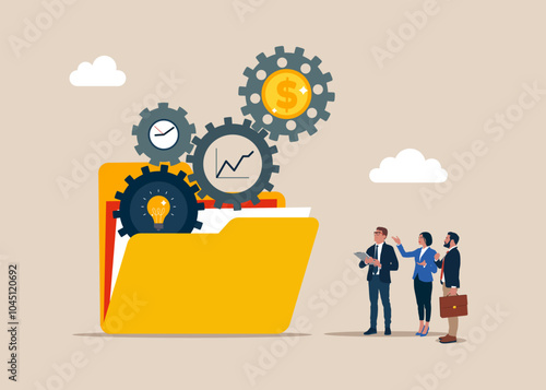 Backup up data transfer. Organize files folder. Optimize cost and expense for better profit strategy. Modern vector illustration in flat style