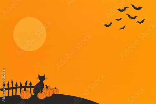 Black cat silhouette with pumpkins under a glowing orange sunset and flying bats.