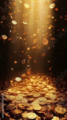 Golden coins falling from sky creating huge pile of money