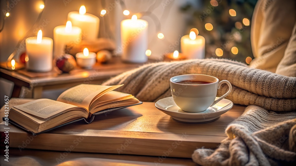 Candles and Cozy Blankets with a Book on a Rustic Wooden Table Candles and Cozy Blankets with a Book on a Rustic Wooden Table