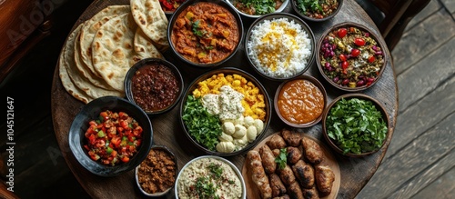 A table full of Indian dishes, including curry, rice, naan bread, and vegetable dishes.