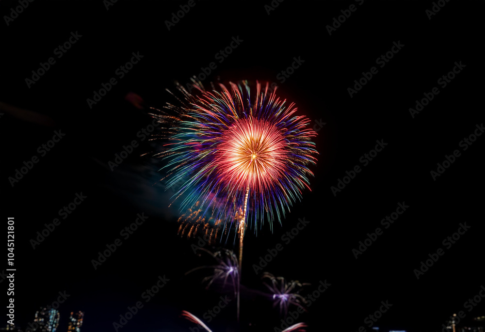 A vibrant firework display explodes in the night sky, isolated against a dark background. A vibrant firework display explodes in the night sky, isolated against a dark background.