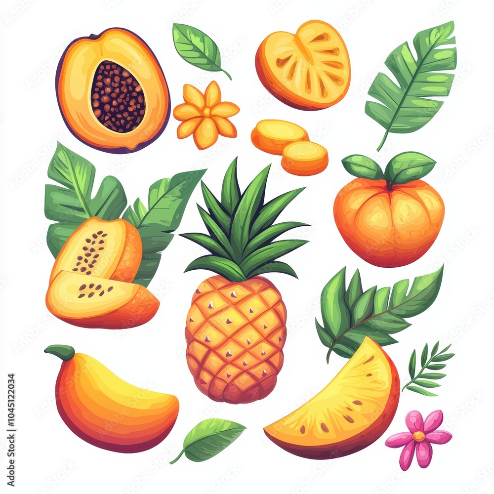 Colorful collection of tropical fruits with leaves on a white background. Colorful collection of tropical fruits with leaves on a white background.