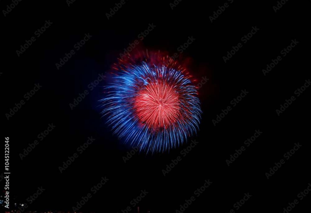 A single firework explodes in a vibrant red and blue pattern against a dark background. A single firework explodes in a vibrant red and blue pattern against a dark background.