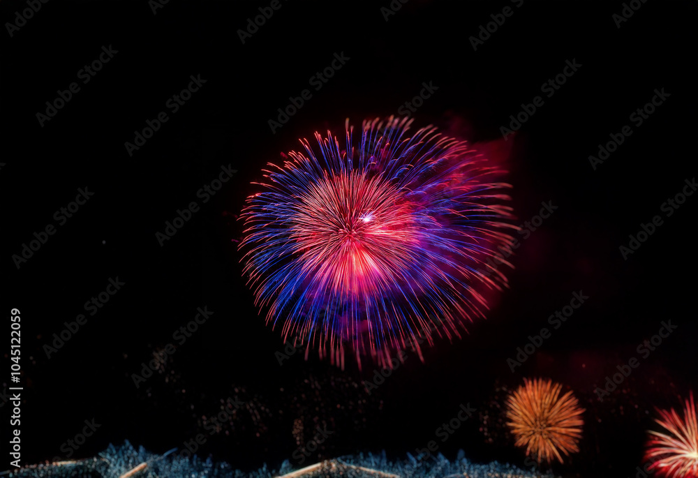 A single firework bursts against a black background with red, blue, and orange light. A single firework bursts against a black background with red, blue, and orange light.