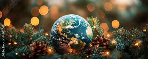 Earth ornament hanging on christmas tree branch with lights