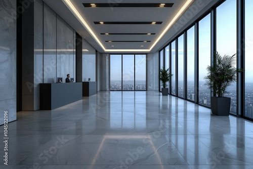 Modern Reception Area with Panoramic City Views in a High-Rise Building