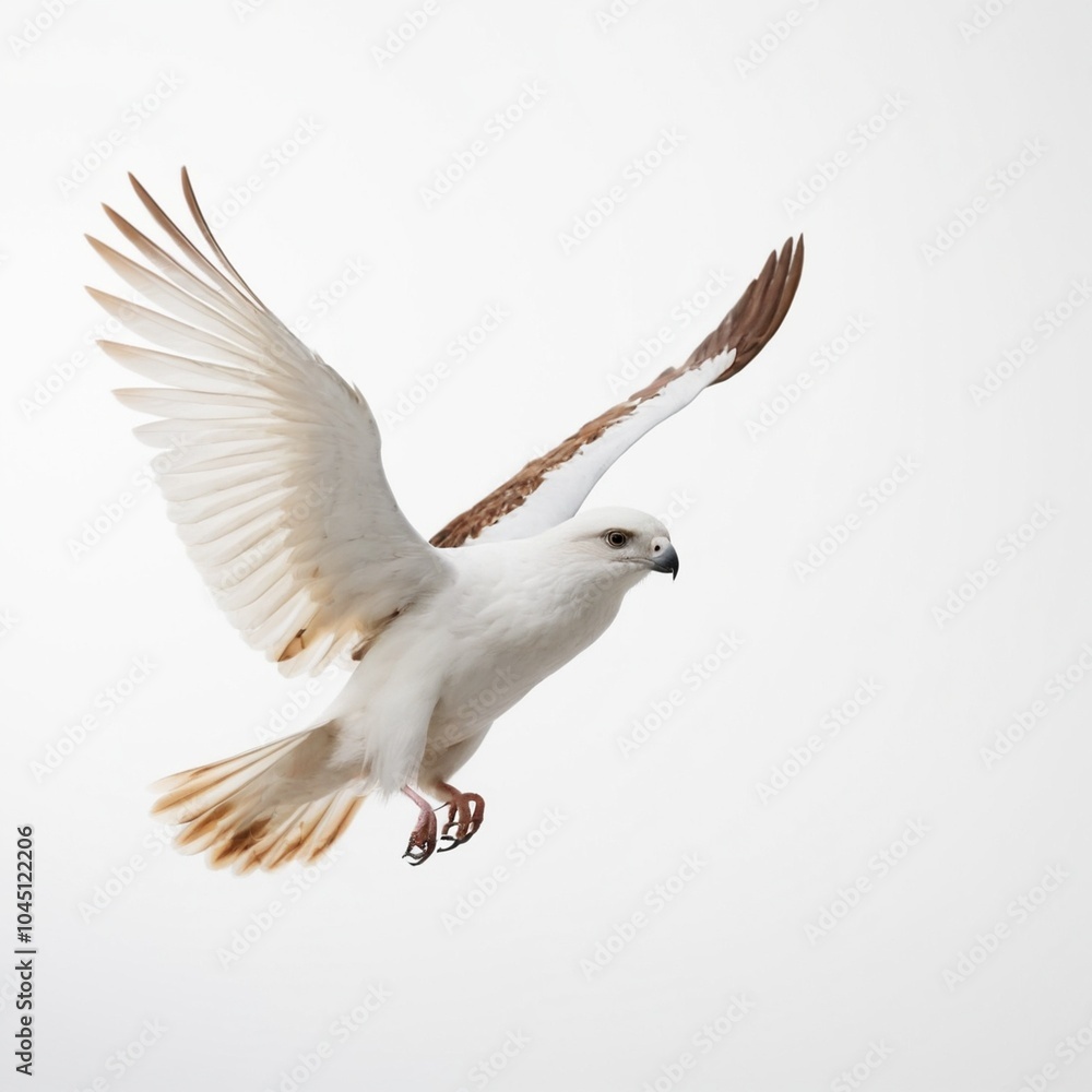 white and brown flying bird on white background white and brown flying bird on white background