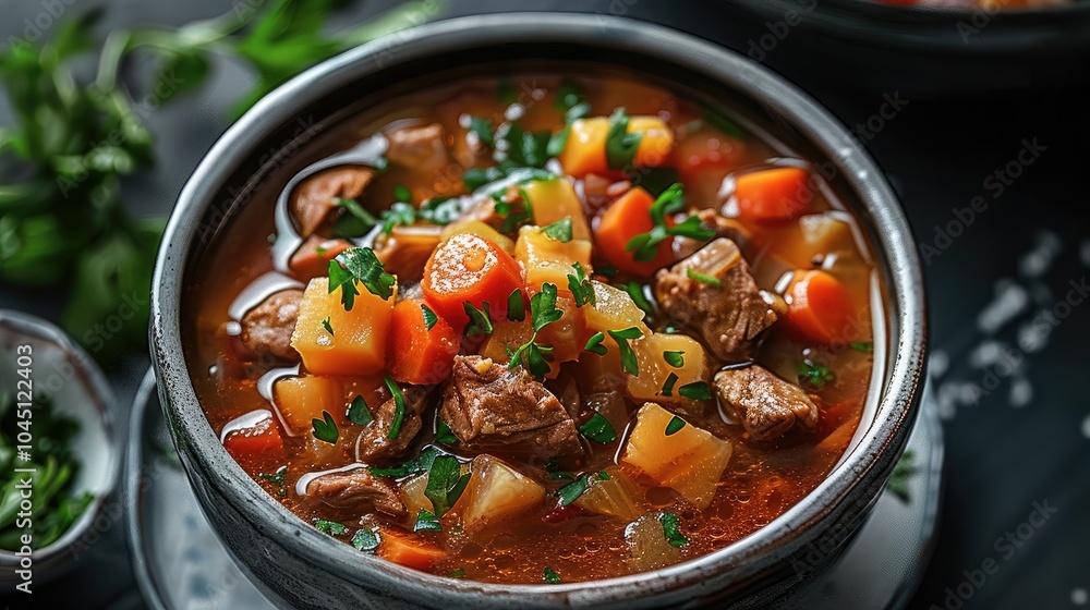 Stew soup with carrots and potatoes, Delicious beef stew in a bowl. Stew soup with carrots and potatoes, Delicious beef stew in a bowl.
