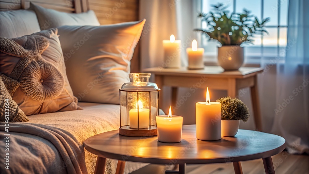 Cozy bedroom with candles and soft warm lighting