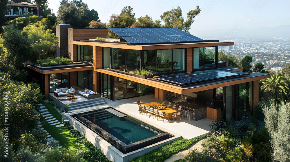 Fototapeta premium A highly detailed photography showcasing a modern house with sleek architecture, large windows, and rooftop solar panels gleaming under the bright sun