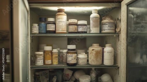 Wallpaper Mural 2410 83.A unique interior view from behind the glass shelves of a bathroom medicine cabinet, showing various pill bottles neatly arranged, with one shelf featuring a lone, dust-laden prescription Torontodigital.ca