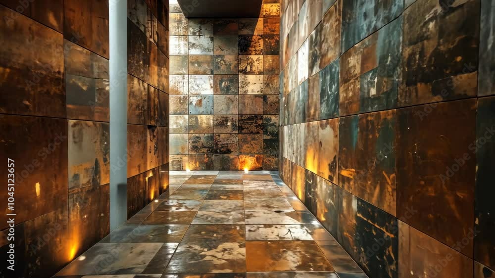 A narrow hallway lined with rust-colored tiles and soft lighting A narrow hallway lined with rust-colored tiles and soft lighting