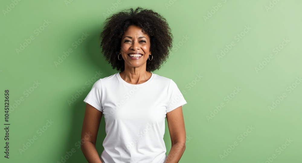 mixed race mature woman green background wearing plain white tshirt smiling happy portrait mixed race mature woman green background wearing plain white tshirt smiling happy portrait