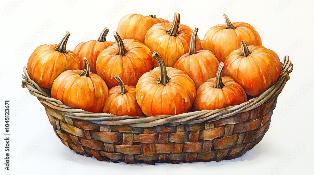 A wicker basket overflowing with small, ripe pumpkins. A wicker basket overflowing with small, ripe pumpkins.