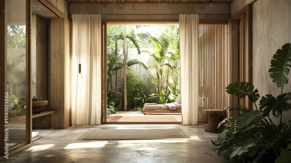 Fototapeta premium 2410 59.A bright and airy loft room with a combination of raw concrete flooring and warm wooden planks overhead, large open doors showcase the lush green tropical garden outside, offering a tranquil