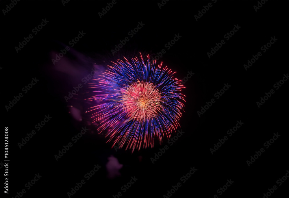 A single, vibrant firework explodes against a dark, isolated background. A single, vibrant firework explodes against a dark, isolated background.