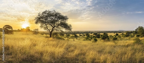 A lone tree stands tall in a field of tall grass, as the sun sets over a vast savanna landscape.