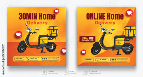 Fast Home Delivery Service Social Media Post Design Template. Online Delivery Promotional Bundle.