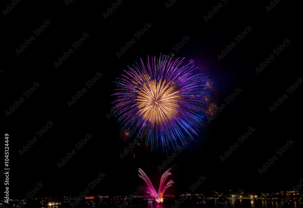 A single burst of purple and blue fireworks against a black background. A single burst of purple and blue fireworks against a black background.