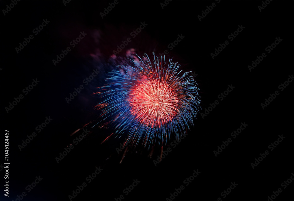 An isolated firework display against a black background, with red and blue hues. An isolated firework display against a black background, with red and blue hues.