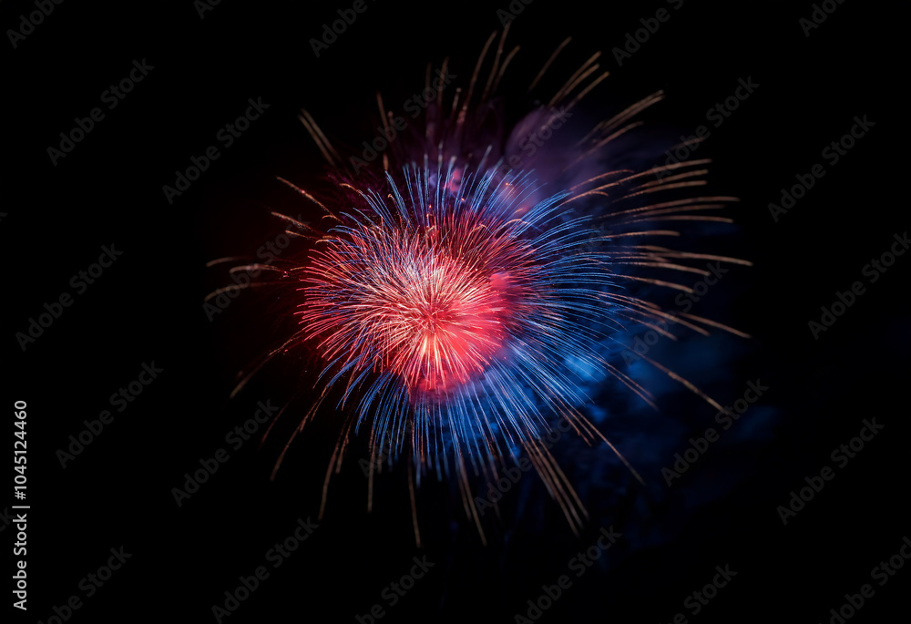 A vibrant, red and blue firework bursts against a dark, isolated background. A vibrant, red and blue firework bursts against a dark, isolated background.