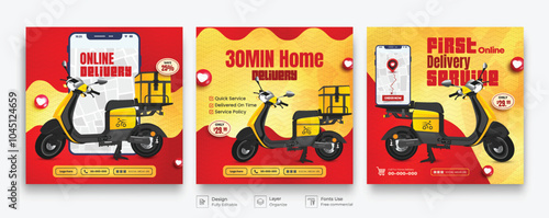 Fast Home Delivery Service Social Media Post Design Template. Online Delivery Promotional Bundle.