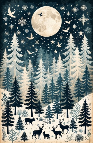 Winter solstice illustration, Nordic folk art style, frost patterns, snow-covered pine forest, wildlife silhouettes, celestial symbols, aged parchment texture, worn corners, muted winter palette