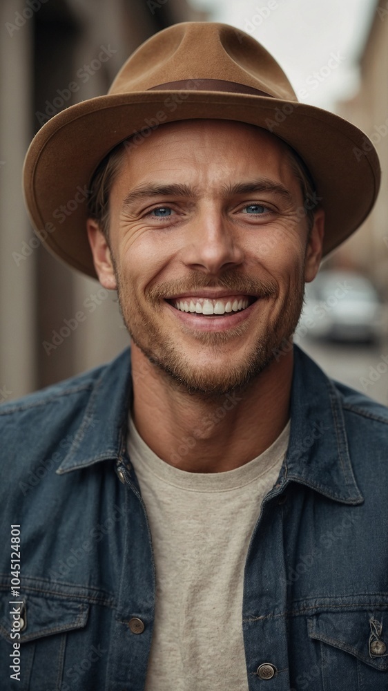 Middle-aged Caucasian man with short brown hair and beard, wearing denim jacket and cowboy hat, smiling cheerfully Middle-aged Caucasian man with short brown hair and beard, wearing denim jacket and cowboy hat, smiling cheerfully