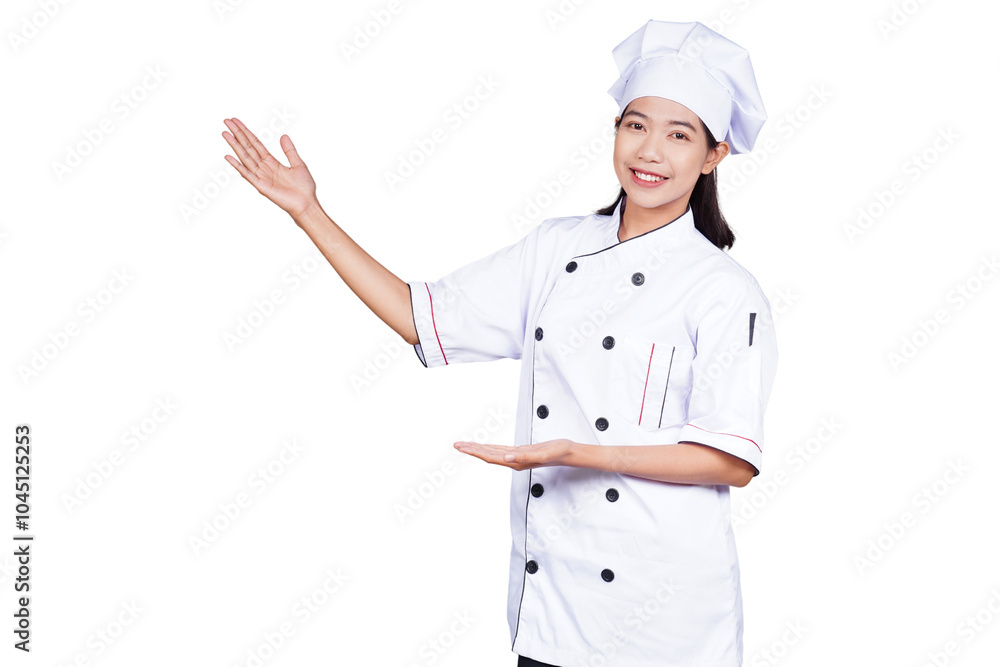 Asian woman chef in uniform showing presentation gesture isolated transparent Asian woman chef in uniform showing presentation gesture isolated transparent