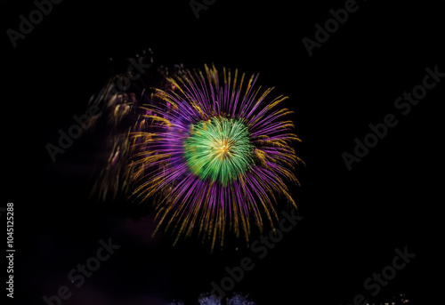 A single firework explodes in the night sky, its green and purple hues radiating out against the dark background.